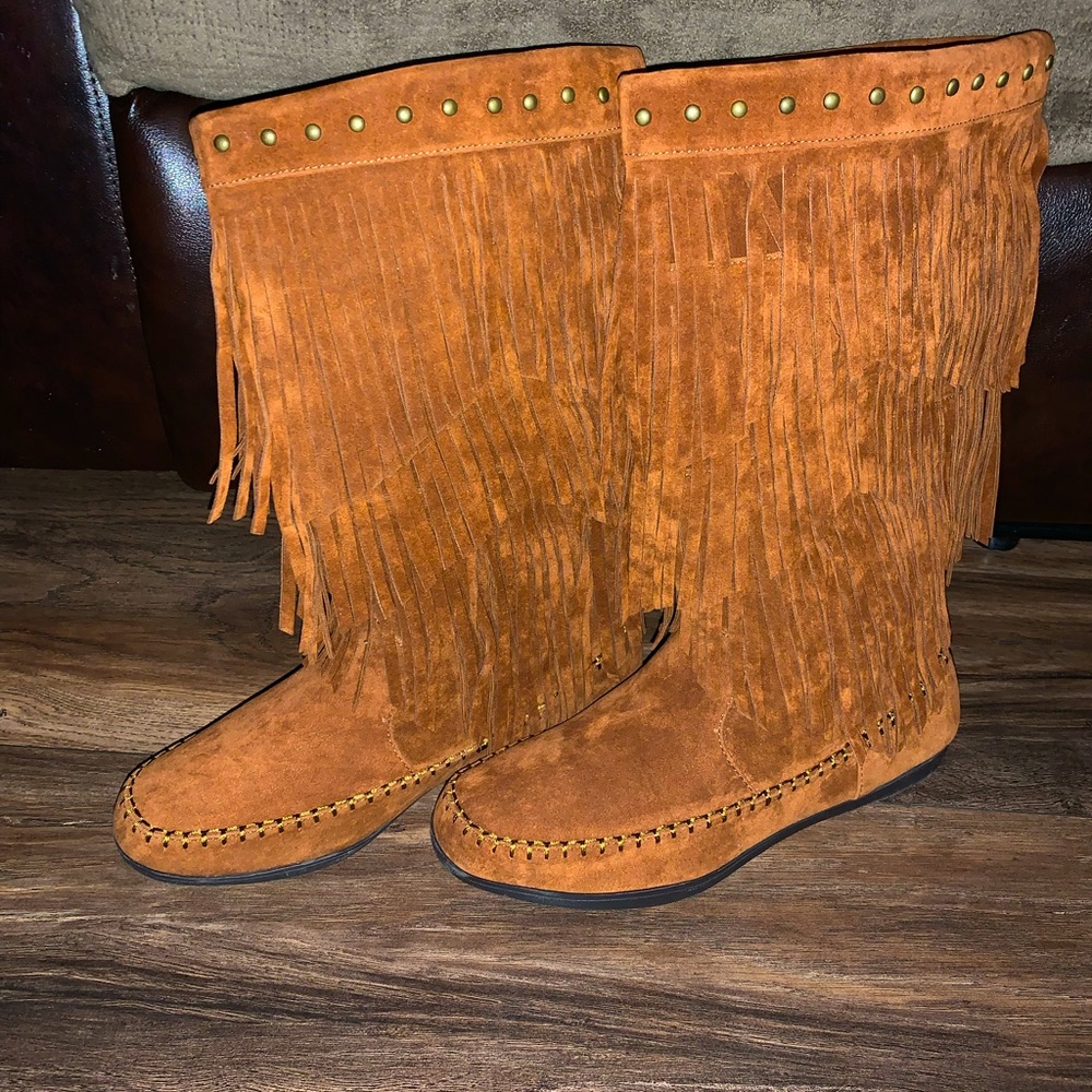 Rampage Orange Suede Fringe Knee-High Boots